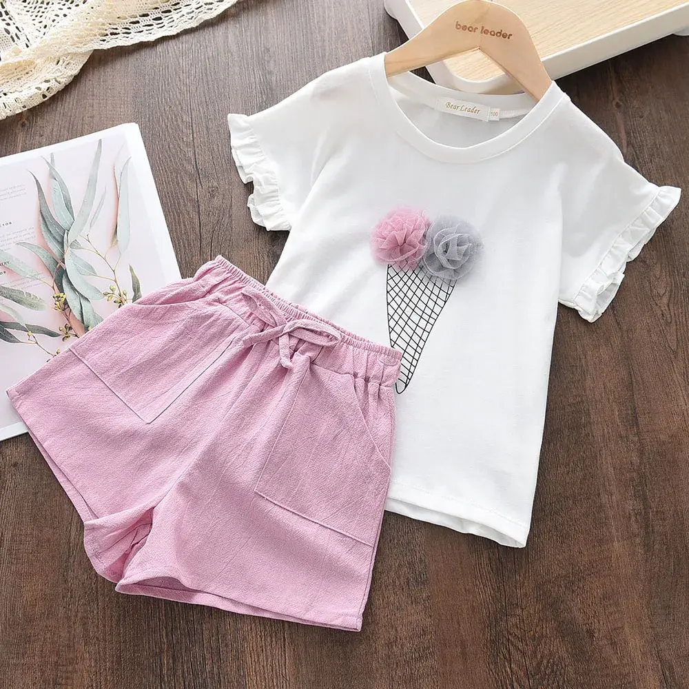 2024 New Summer Clothes Sets Kids Girls Flower Cartoon Print T-shirts Shorts 2Pcs Suits Baby Children's Clothing Outfits