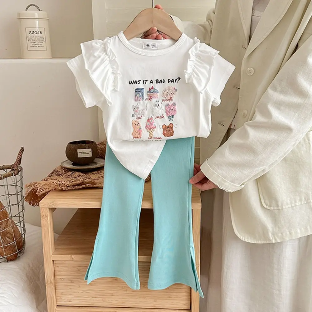Bear Leader Girl Cute Suit Summer New Product Cartoon Animal Ruffle T-shirt Top+Speaker Pants Two Piece Set Children's Clothes