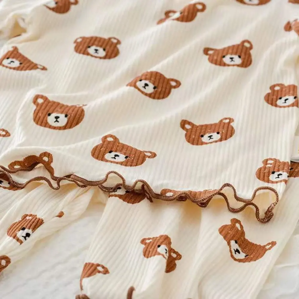 Bear Leader Summer Cartoon Teddy Bear Pajamas Two-piece Set Basic Simple Girls Clothes Floral Print Short Sleeved Top + Pants
