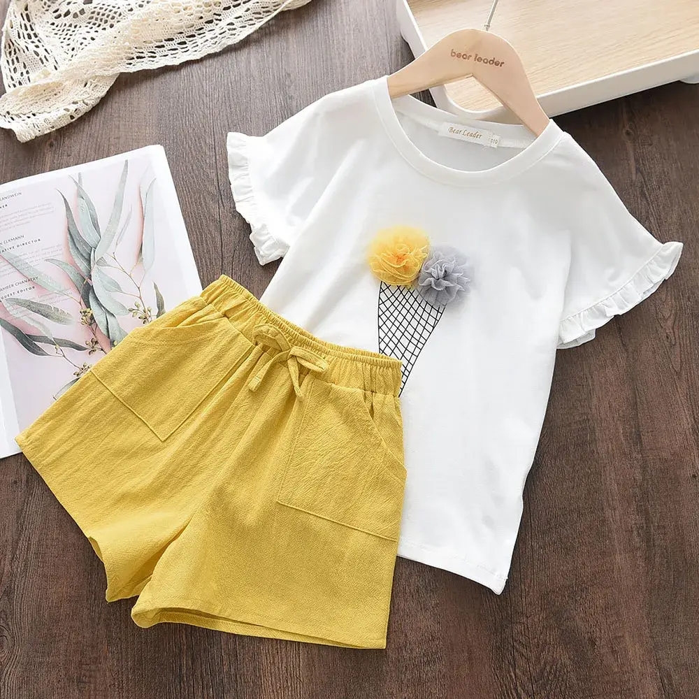 2024 New Summer Clothes Sets Kids Girls Flower Cartoon Print T-shirts Shorts 2Pcs Suits Baby Children's Clothing Outfits