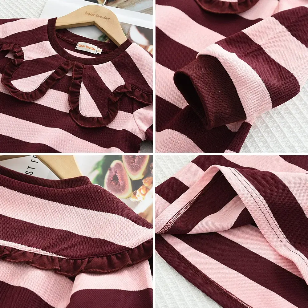 Bear Leader Red Long Sleeved Girls'Dress for 3-7 Years Autumn Fashion Lapel Casual Dresses Spring Striped Children's Clothing