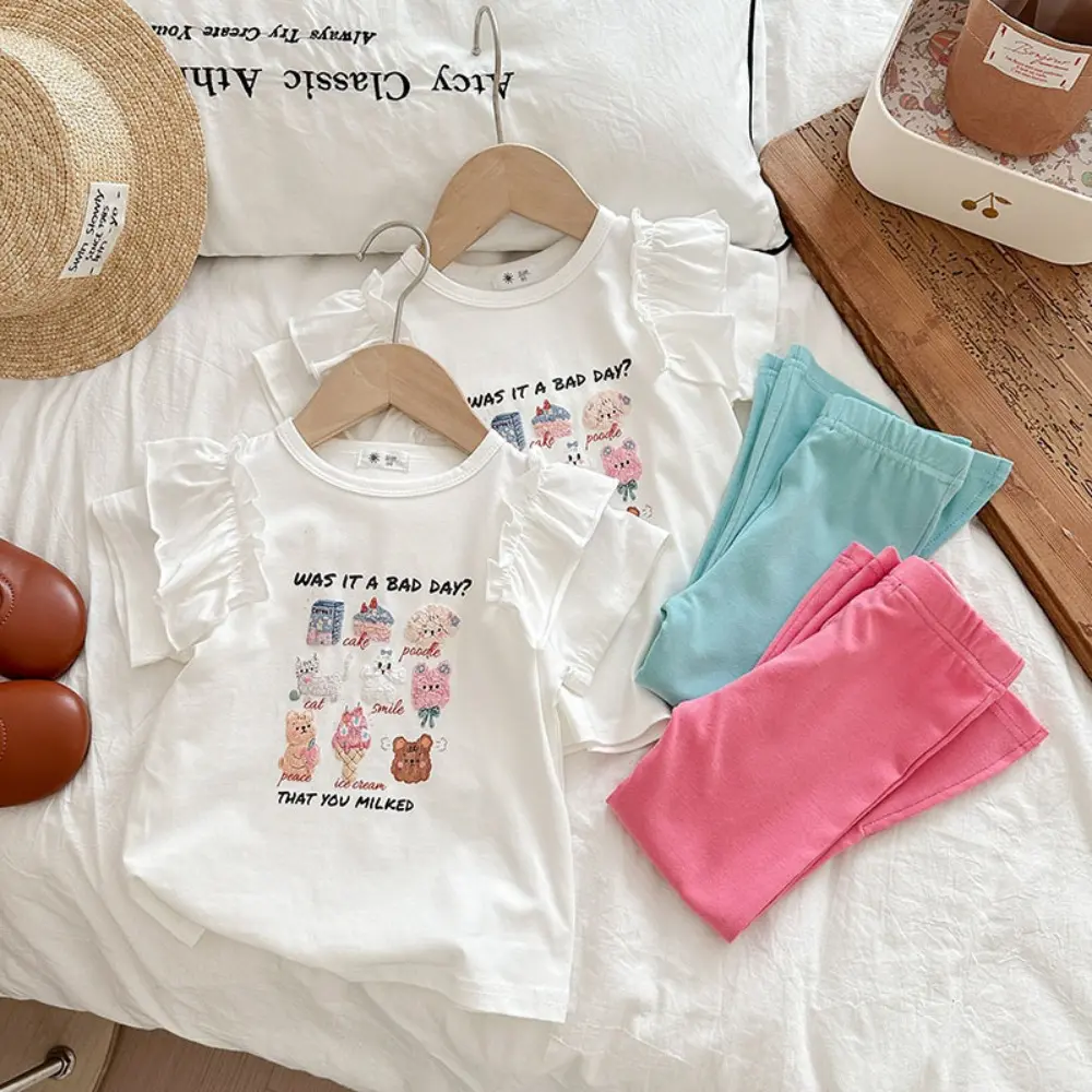Bear Leader Girl Cute Suit Summer New Product Cartoon Animal Ruffle T-shirt Top+Speaker Pants Two Piece Set Children's Clothes