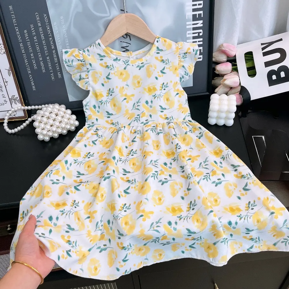 Bear Leader Summer New Vacation Style Girls Clothes Fashion Flower Printed Fly Sleeves Pleated Princess Dress Kids Casual Wear