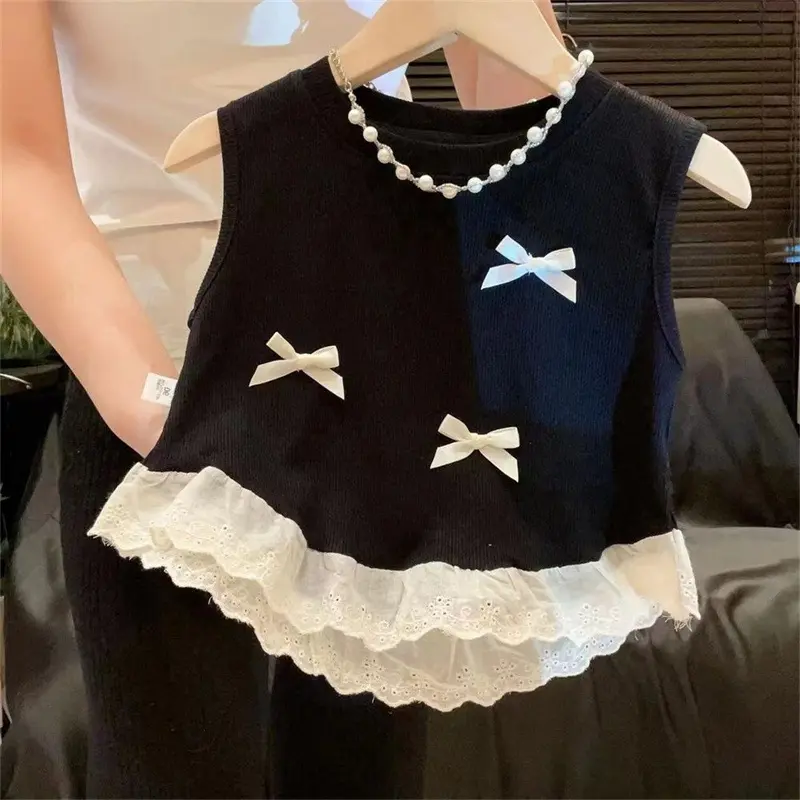 Bear Leader 2-7 Years Old Summer New Girls Clothes Round Neck Sleeveless Bow Lace T-shirt Sweet and Cute Easter Kids Top