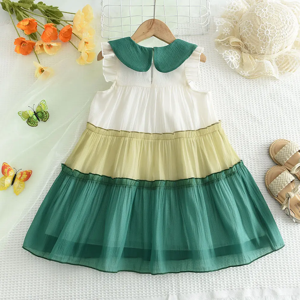 Bear Leader  Kids Dresses for Girls Doll Collar Color Blocked Mesh Cake Dress Summer Children's Clothing Flower Girl Dresses