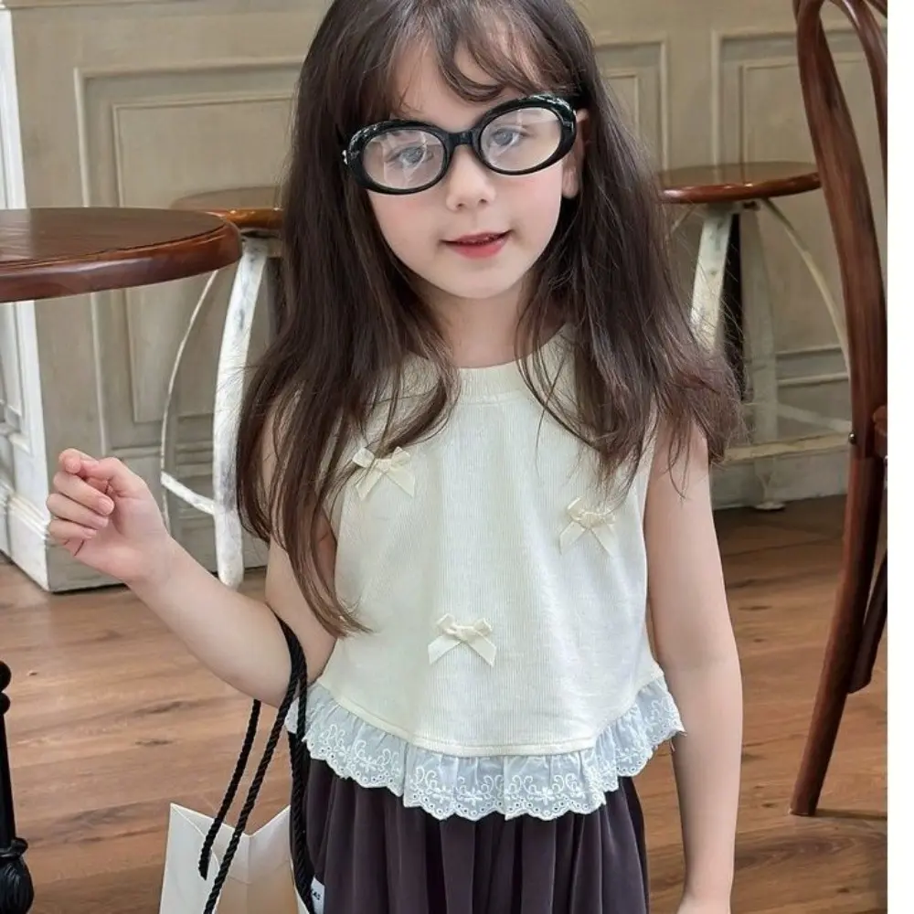 Bear Leader 2-7 Years Old Summer New Girls Clothes Round Neck Sleeveless Bow Lace T-shirt Sweet and Cute Easter Kids Top
