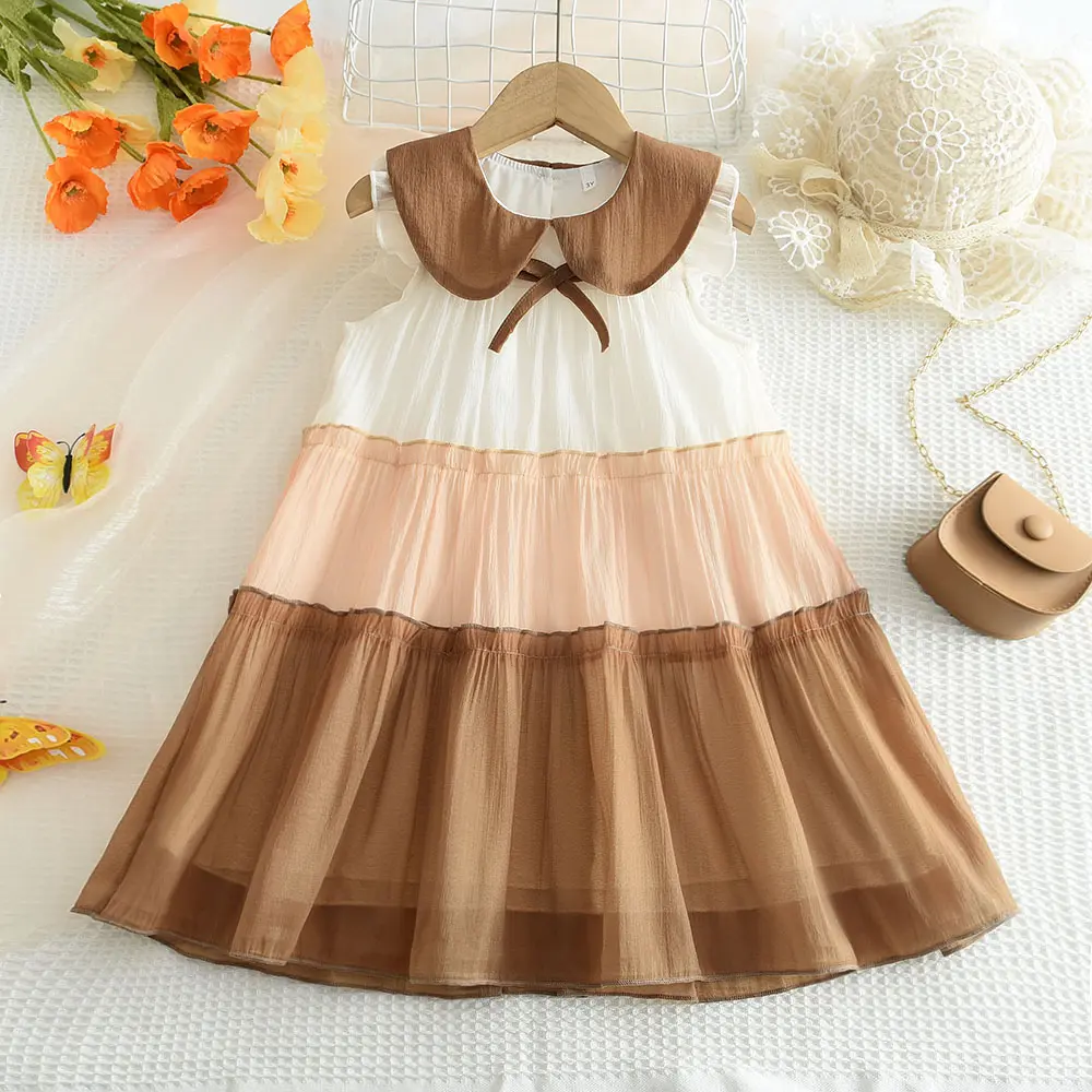 Bear Leader  Kids Dresses for Girls Doll Collar Color Blocked Mesh Cake Dress Summer Children's Clothing Flower Girl Dresses