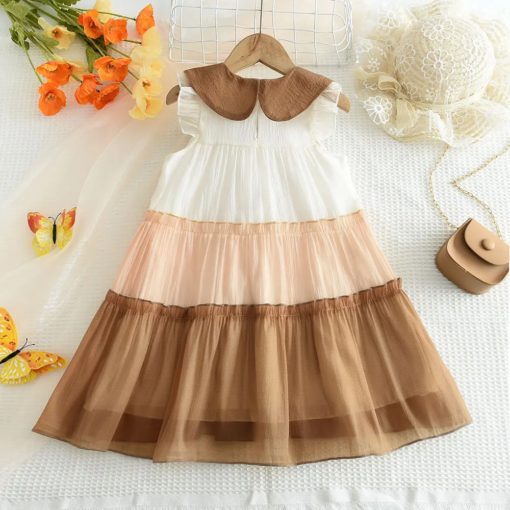 Bear Leader  Kids Dresses for Girls Doll Collar Color Blocked Mesh Cake Dress Summer Children's Clothing Flower Girl Dresses