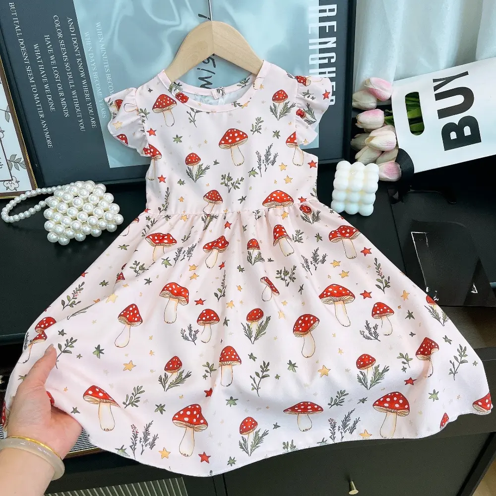 Bear Leader Summer New Vacation Style Girls Clothes Fashion Flower Printed Fly Sleeves Pleated Princess Dress Kids Casual Wear