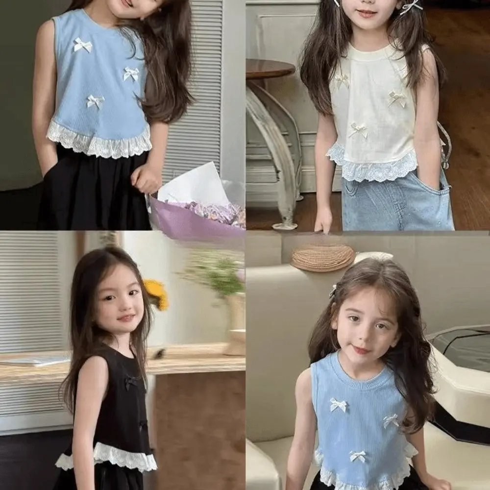 Bear Leader 2-7 Years Old Summer New Girls Clothes Round Neck Sleeveless Bow Lace T-shirt Sweet and Cute Easter Kids Top