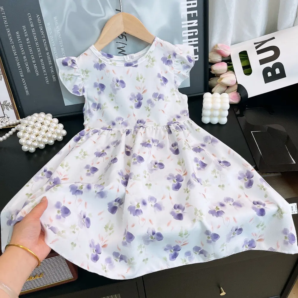 Bear Leader Summer New Vacation Style Girls Clothes Fashion Flower Printed Fly Sleeves Pleated Princess Dress Kids Casual Wear