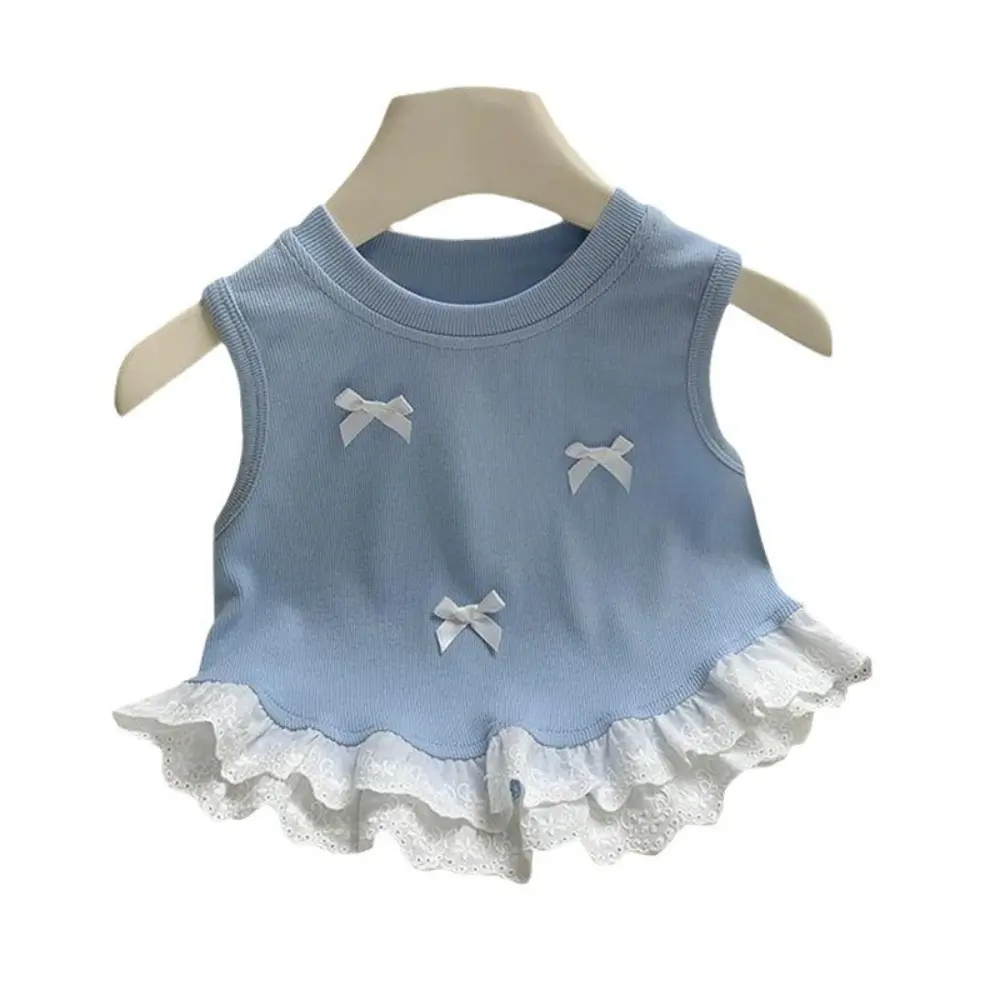 Bear Leader 2-7 Years Old Summer New Girls Clothes Round Neck Sleeveless Bow Lace T-shirt Sweet and Cute Easter Kids Top