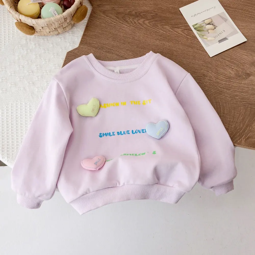 Bear Leader Spring/Autumn Long Sleeved Girls Clothes Letter Printed 3D Heart Decoration Round Neck Top Sweet Children's Clothing