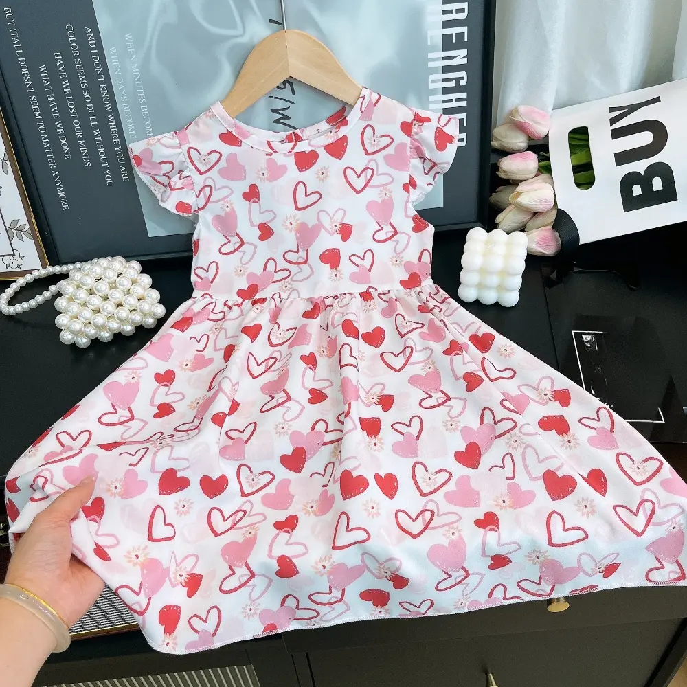 Bear Leader Summer New Vacation Style Girls Clothes Fashion Flower Printed Fly Sleeves Pleated Princess Dress Kids Casual Wear