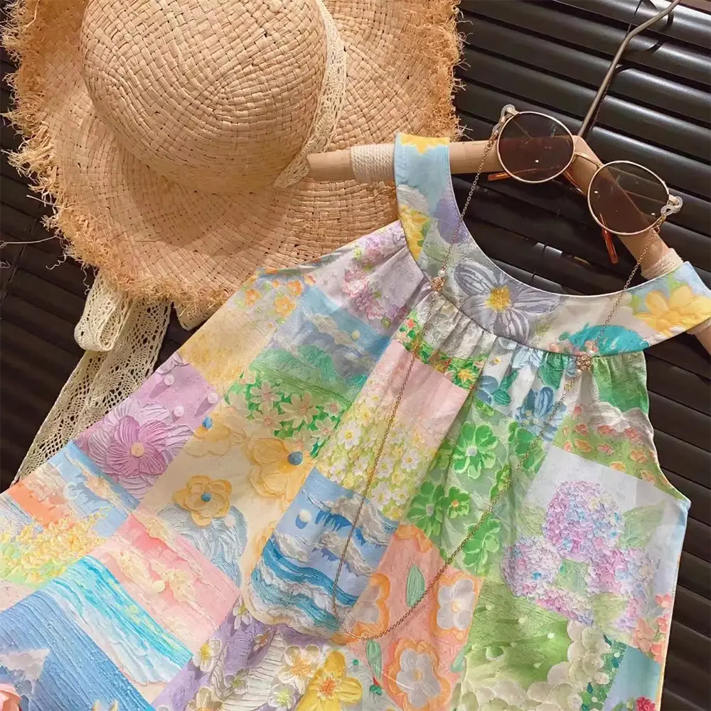 Bear Leader Girls' Set 2023 Summer New Casual Dress Girls' Flower Oil Painting Print Sleeveless Princess Dress Girls' Cute Dress
