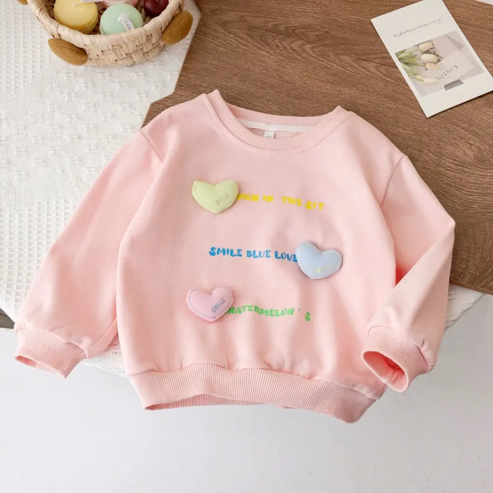 Bear Leader Spring/Autumn Long Sleeved Girls Clothes Letter Printed 3D Heart Decoration Round Neck Top Sweet Children's Clothing