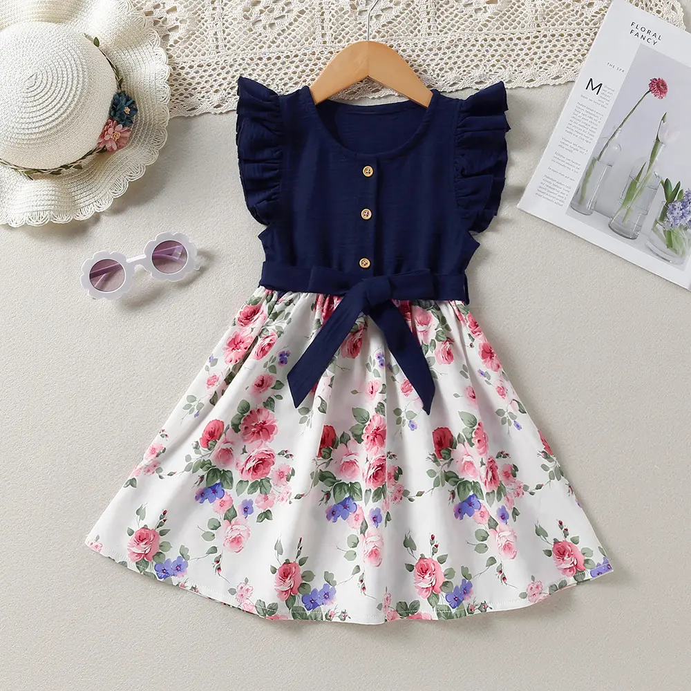 Bear Leader Girl Kids Dress Spring Summer New Girls Lace Sleeve Splicing Floral Dress Casual Fashion Clothes Vestidos 2-6 Years