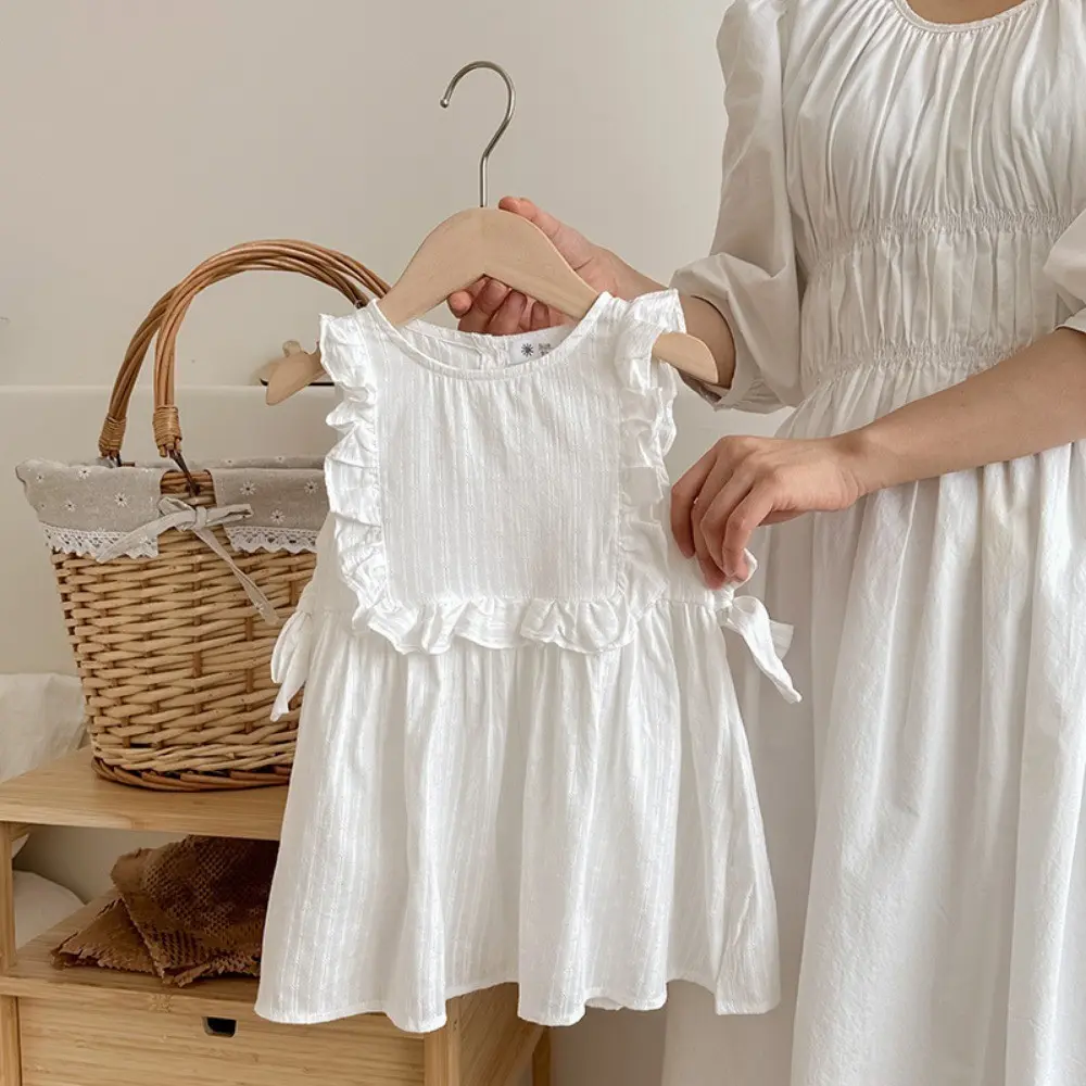 Bear Leader Summer Solid Color Sleeveless Bow Girls Dresses Casual 2 To 7 Years Pleats Children's Clothes
