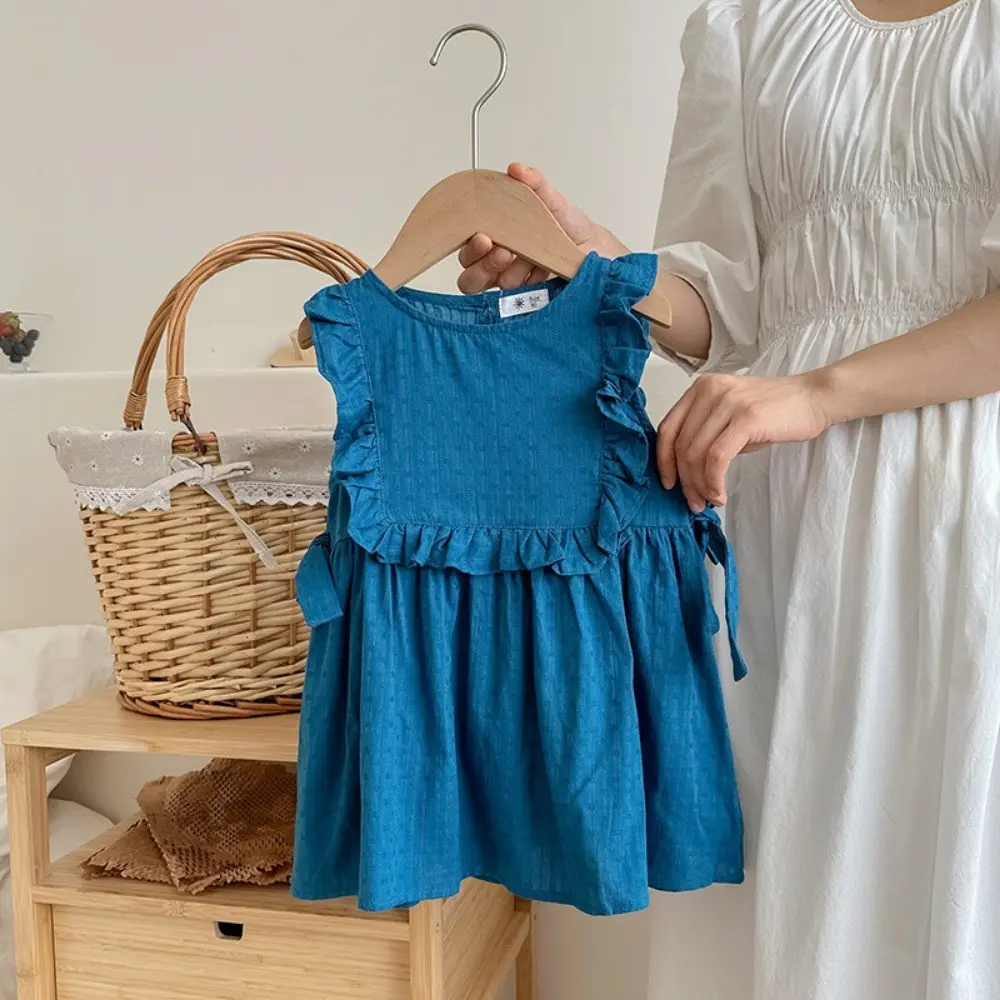 Bear Leader Summer Solid Color Sleeveless Bow Girls Dresses Casual 2 To 7 Years Pleats Children's Clothes