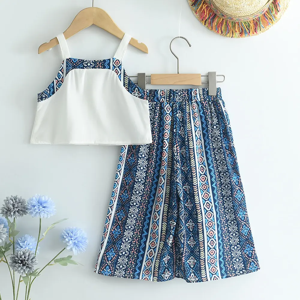 Bear Leader Girls' Set 2023 Summer New Girls' Geometric Print Camisole Top+Pants Two Piece Girls' Children's Fashion Clothing