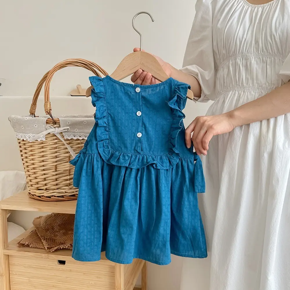 Bear Leader Summer Solid Color Sleeveless Bow Girls Dresses Casual 2 To 7 Years Pleats Children's Clothes