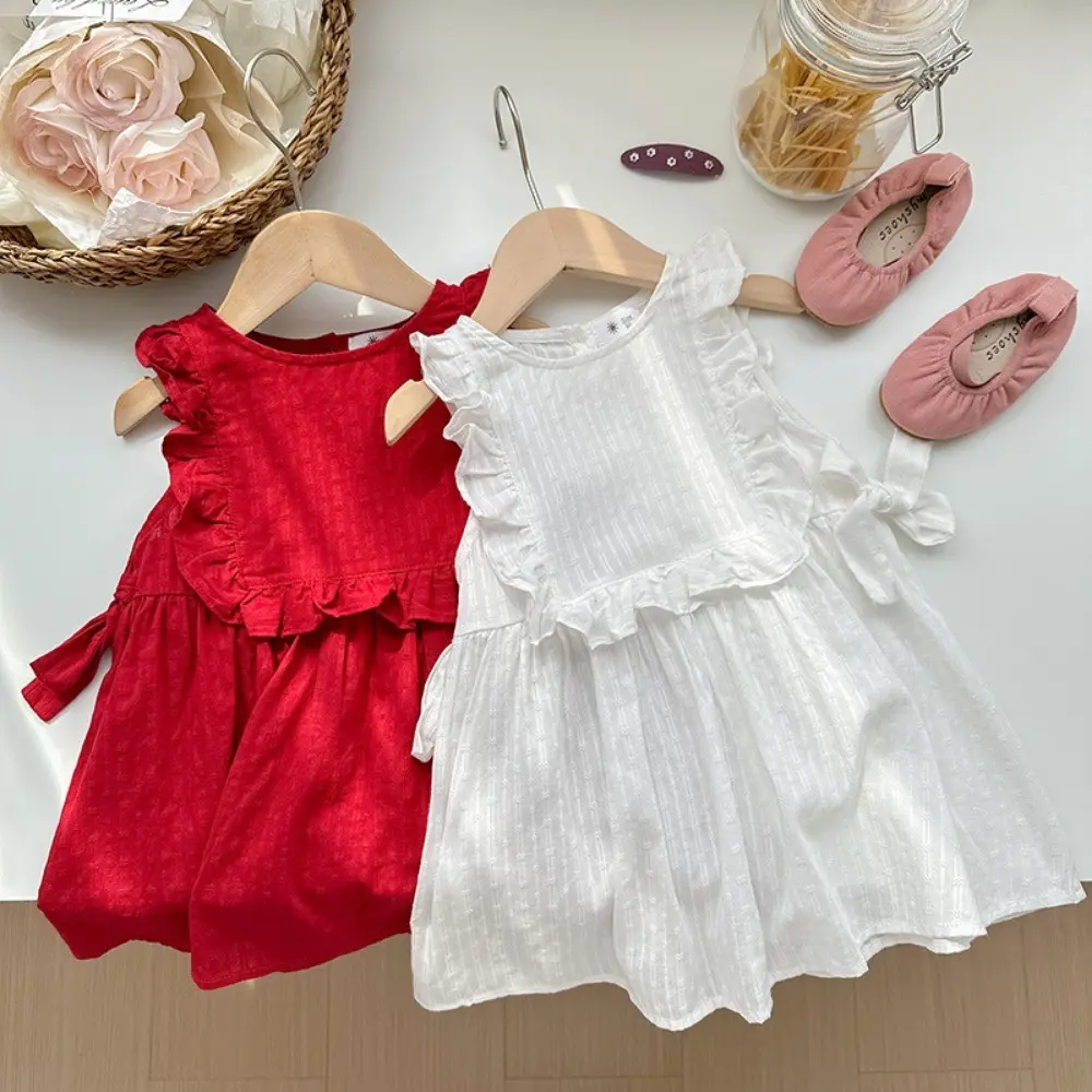 Bear Leader Summer Solid Color Sleeveless Bow Girls Dresses Casual 2 To 7 Years Pleats Children's Clothes