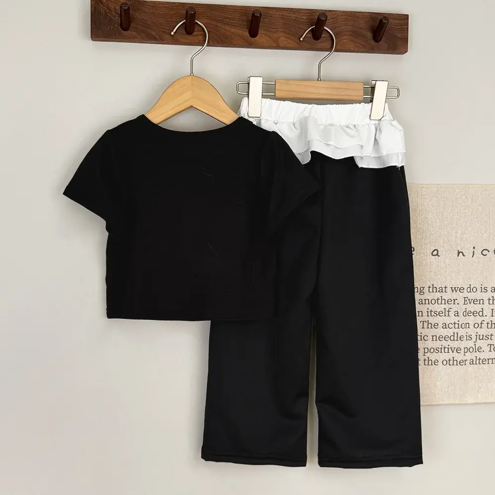 Bear Leader Fashionable and Casual Black Children's Set Bow Print Top + Spliced Pants Two Piece Set Basic Simple Girls Clothes