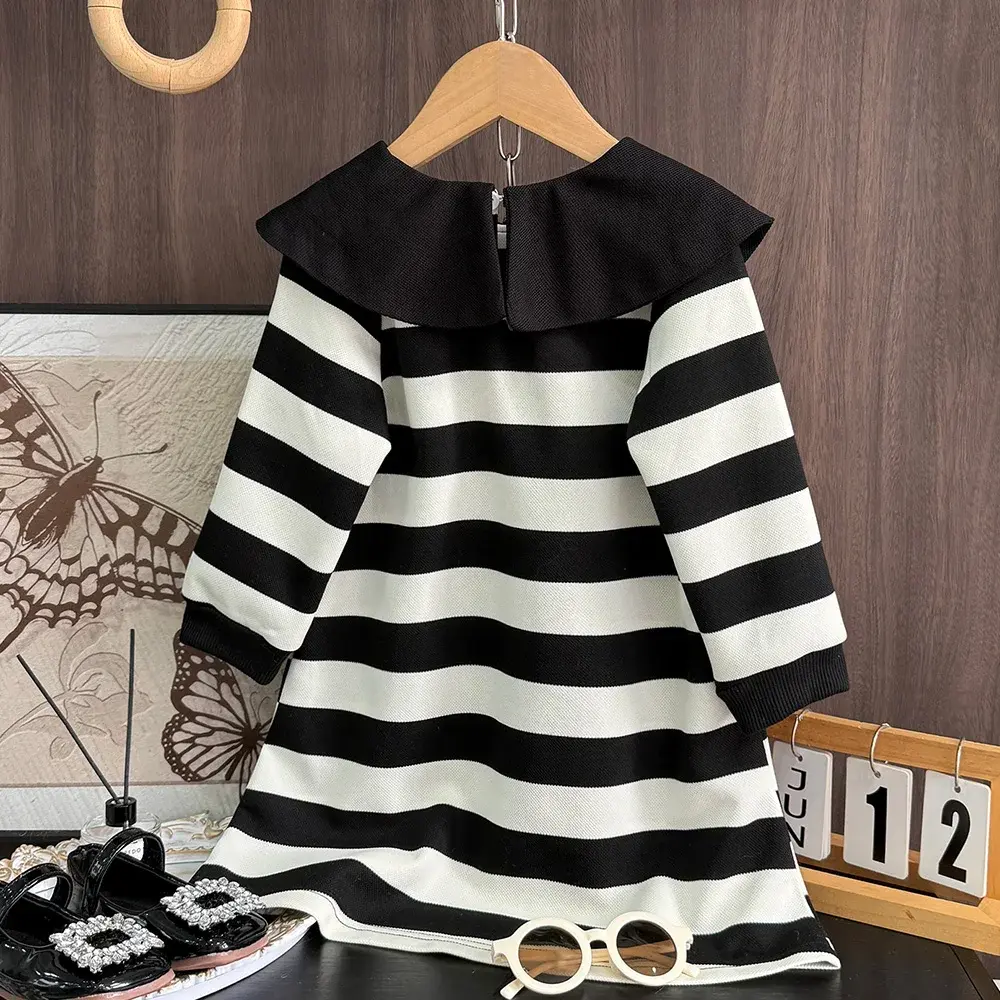 Bear Leader Korean Version Children's Clothing Black Striped Print Lapel Kids Dress Autumn Long Sleeved Girls Casual Dresses