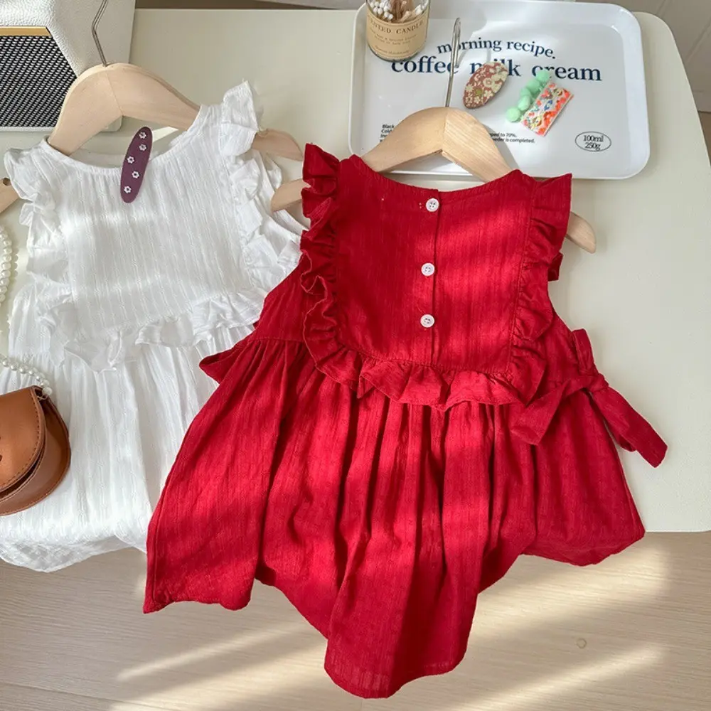 Bear Leader Summer Solid Color Sleeveless Bow Girls Dresses Casual 2 To 7 Years Pleats Children's Clothes