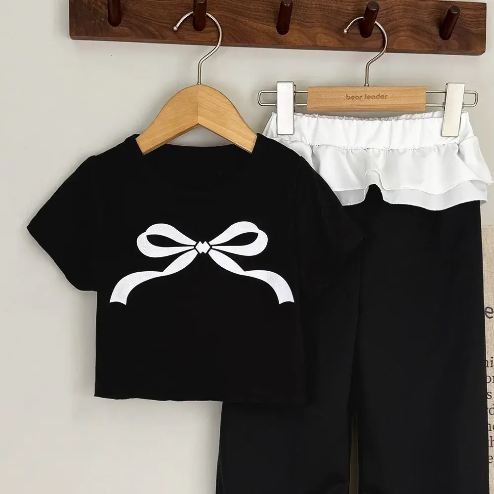 Bear Leader Fashionable and Casual Black Children's Set Bow Print Top + Spliced Pants Two Piece Set Basic Simple Girls Clothes