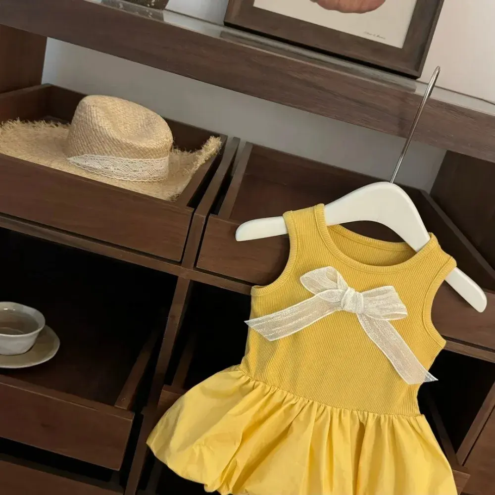 Bear Leader Korean version Fashion Children's Clothing Yellow Cute Baby Girl Casual Dresses Summer Bow Sleeveless Vest Dress