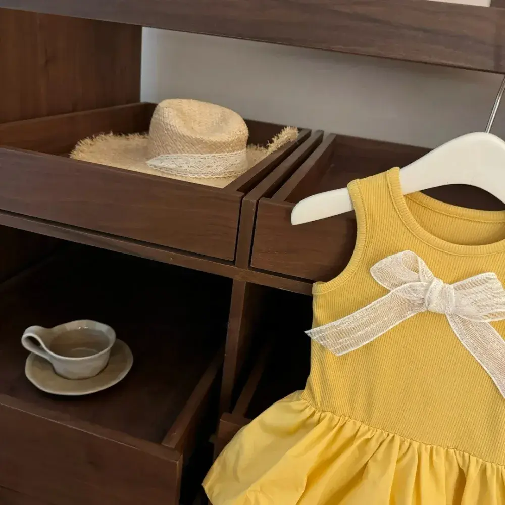 Bear Leader Korean version Fashion Children's Clothing Yellow Cute Baby Girl Casual Dresses Summer Bow Sleeveless Vest Dress