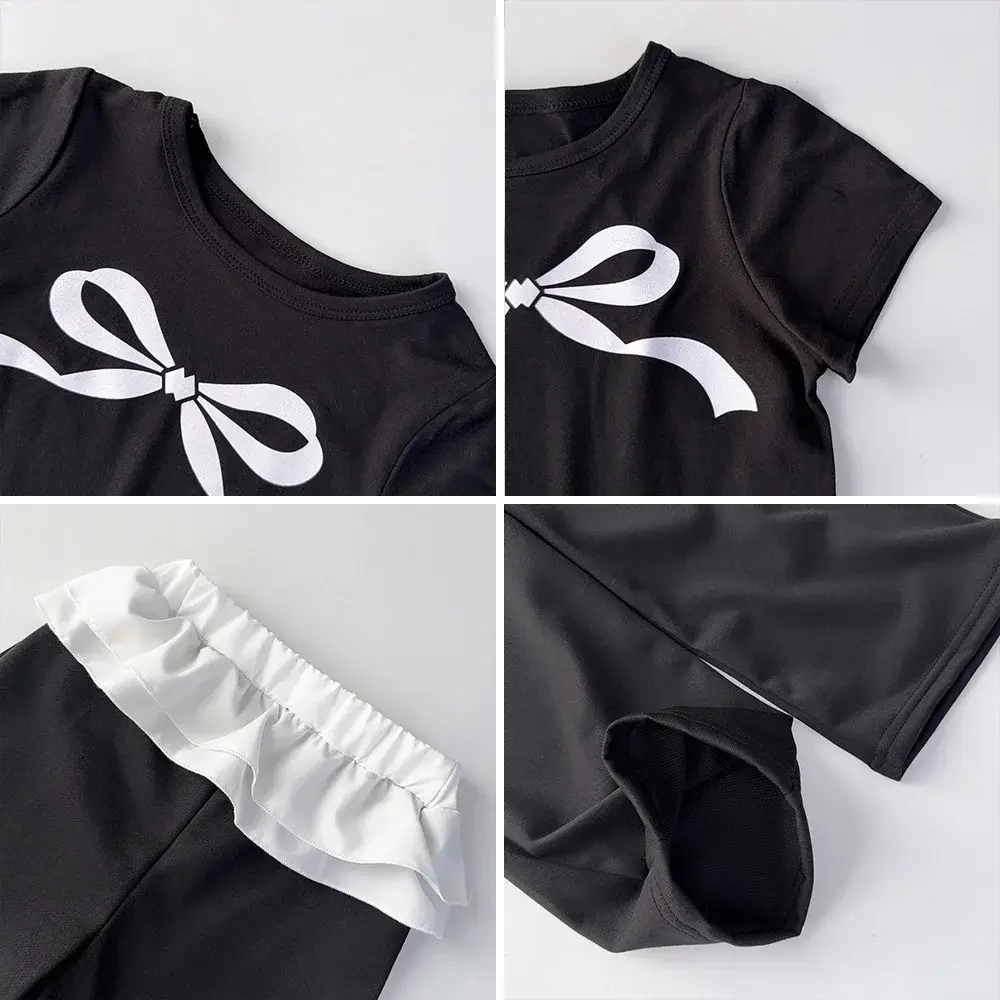 Bear Leader Fashionable and Casual Black Children's Set Bow Print Top + Spliced Pants Two Piece Set Basic Simple Girls Clothes