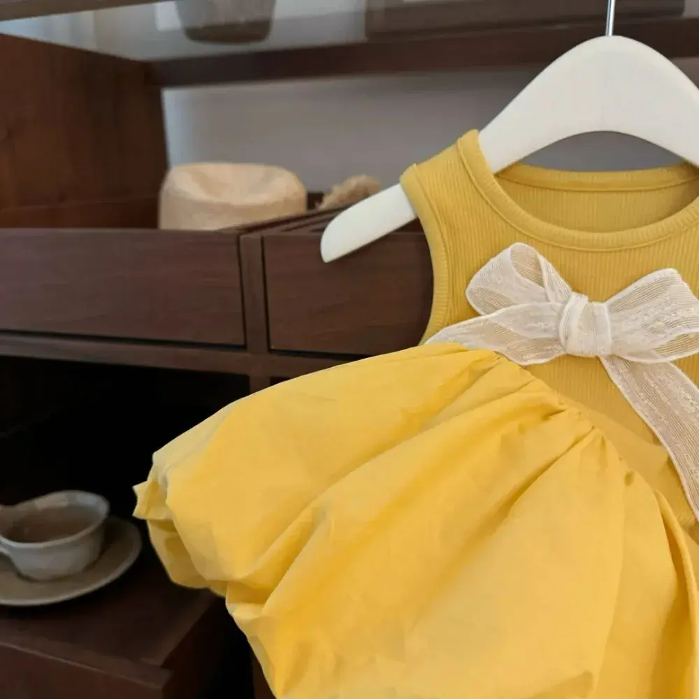 Bear Leader Korean version Fashion Children's Clothing Yellow Cute Baby Girl Casual Dresses Summer Bow Sleeveless Vest Dress