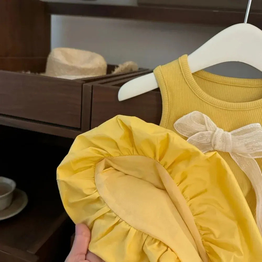 Bear Leader Korean version Fashion Children's Clothing Yellow Cute Baby Girl Casual Dresses Summer Bow Sleeveless Vest Dress