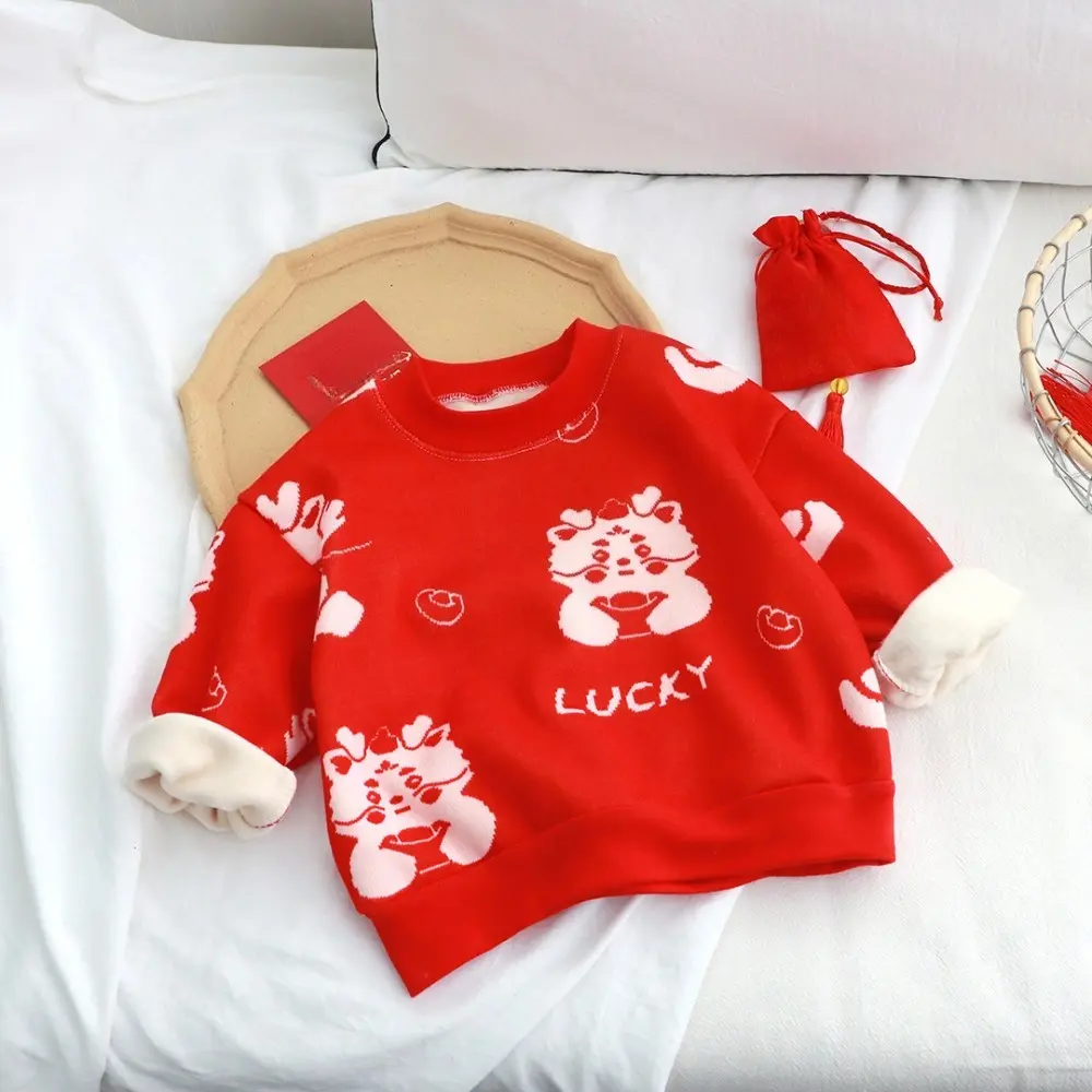 Bear Leader Autumn Winter Children's Thick Long Sleeved Red Sweater Fashionable Cartoon Print Kids Top New Year's Girls Clothes