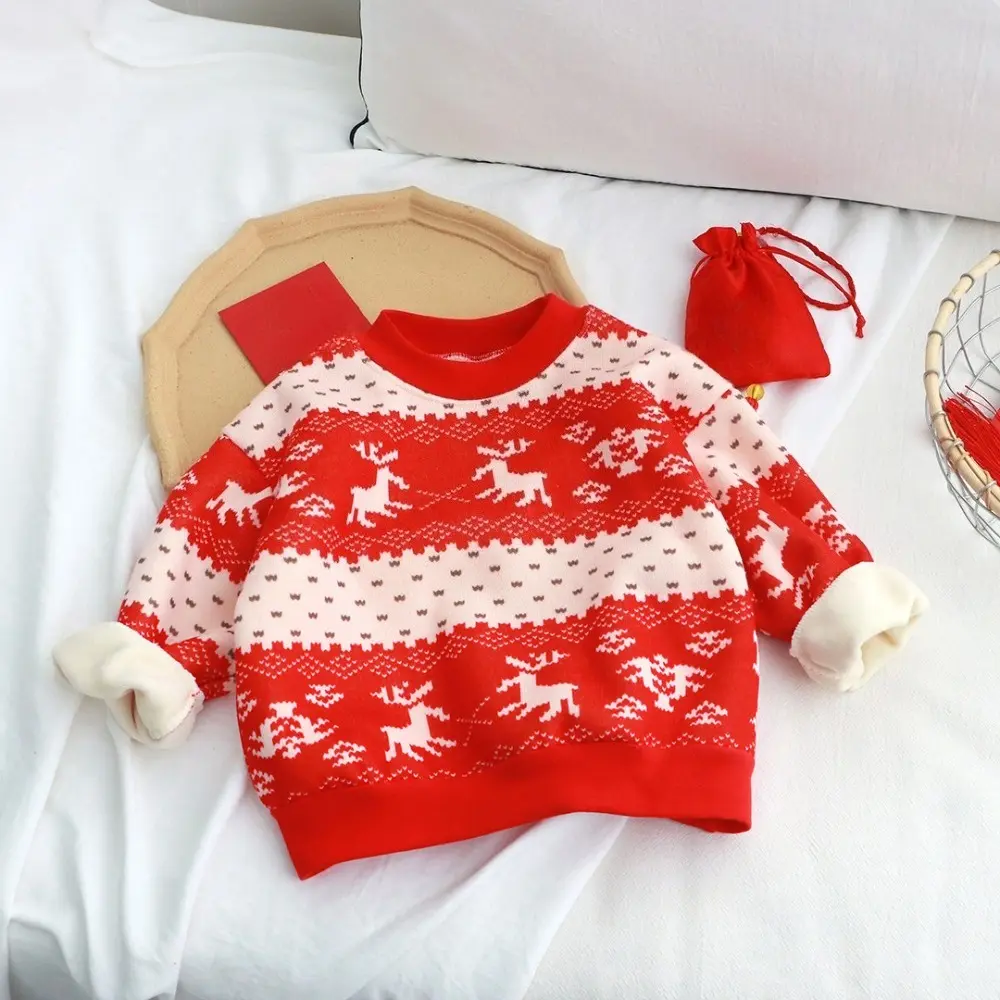 Bear Leader Autumn Winter Children's Thick Long Sleeved Red Sweater Fashionable Cartoon Print Kids Top New Year's Girls Clothes