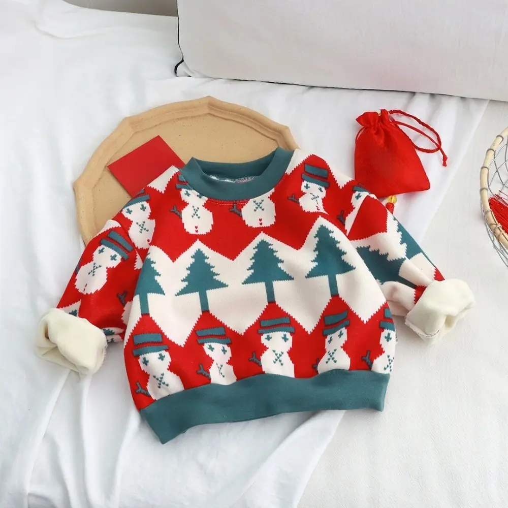 Bear Leader Autumn Winter Children's Thick Long Sleeved Red Sweater Fashionable Cartoon Print Kids Top New Year's Girls Clothes