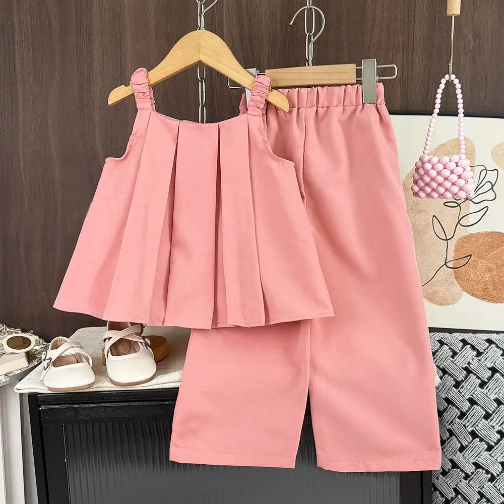 Bear Leader Pink Sleeveless Girls' Set Easter Children's Summer Solid Color Pleated Top+Pants Korean Version Casual Kids Clothes