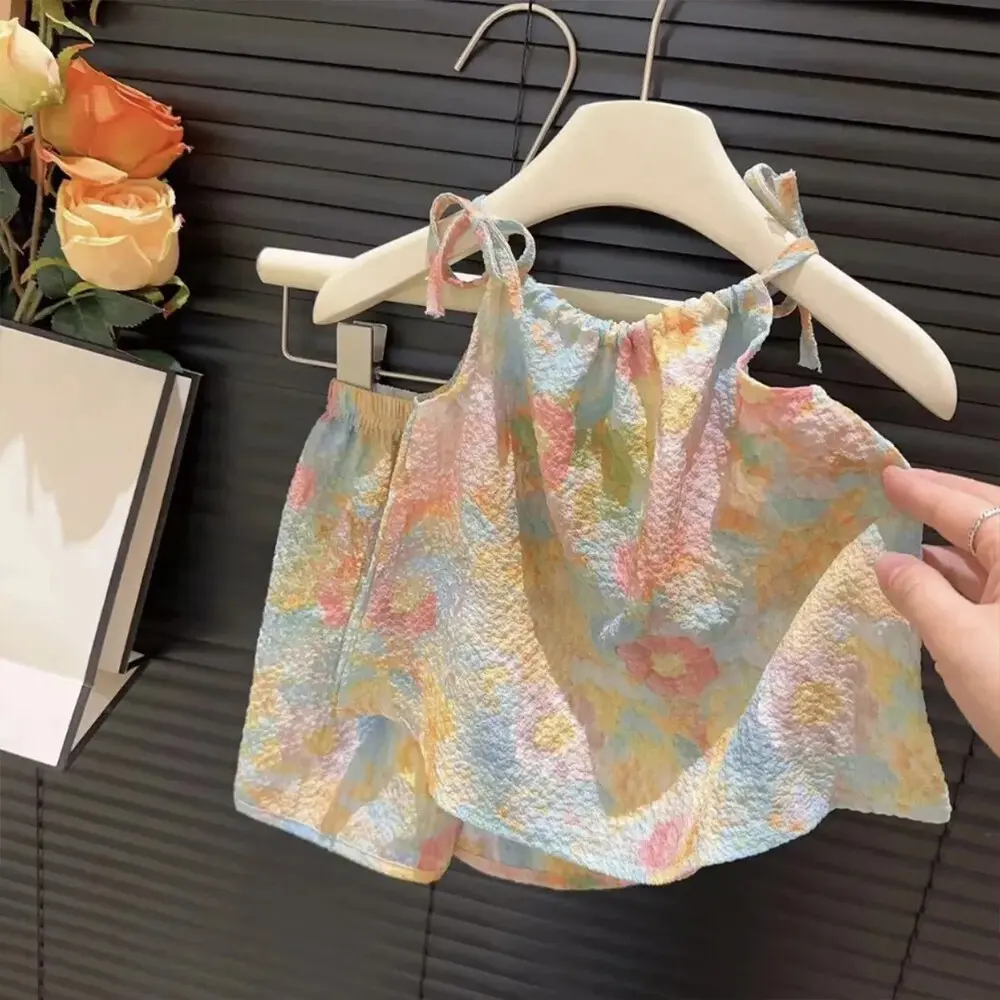 Bear Leader 2023 New Summer Halo Dyed Oil Painting Style Baby Girl's Clothing Set Suspended Top+shorts Two Piece Set