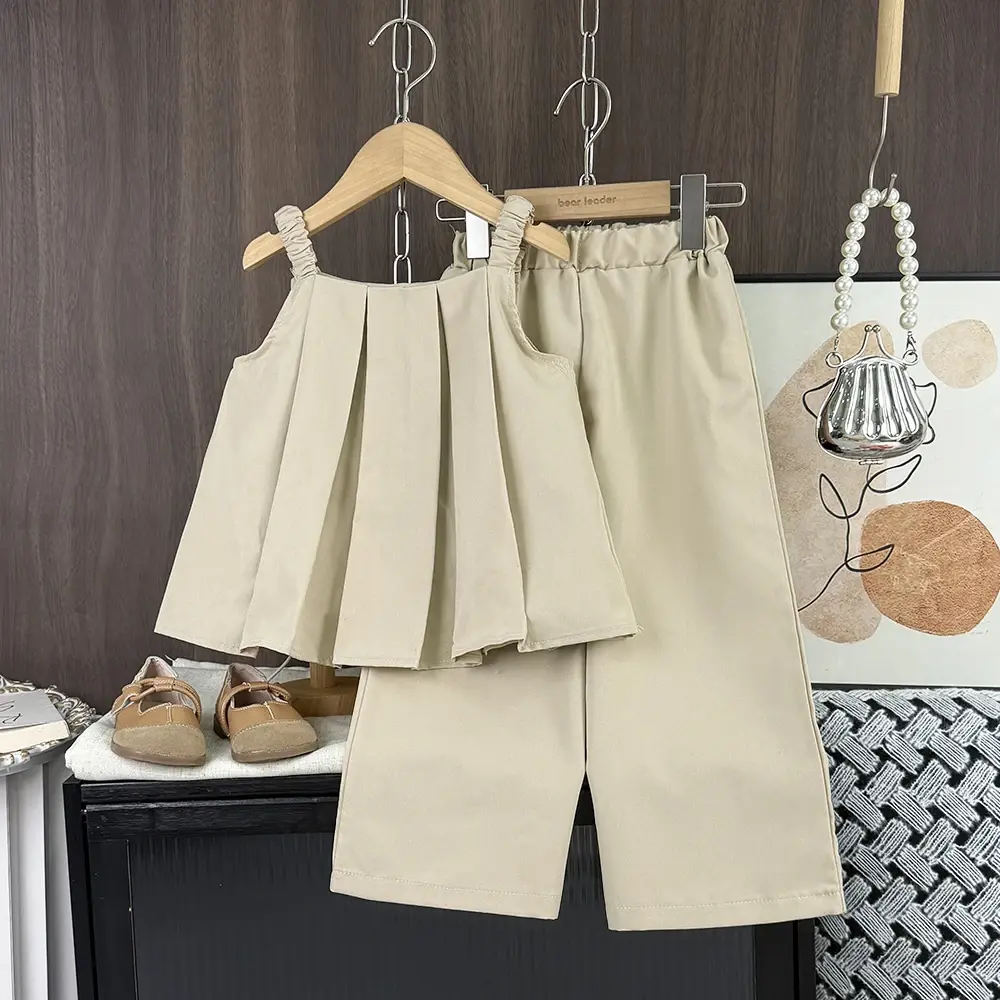 Bear Leader Pink Sleeveless Girls' Set Easter Children's Summer Solid Color Pleated Top+Pants Korean Version Casual Kids Clothes