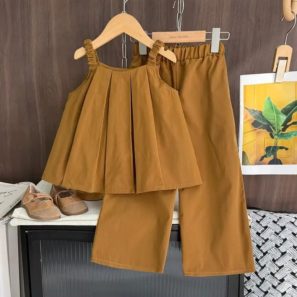 Bear Leader Pink Sleeveless Girls' Set Easter Children's Summer Solid Color Pleated Top+Pants Korean Version Casual Kids Clothes