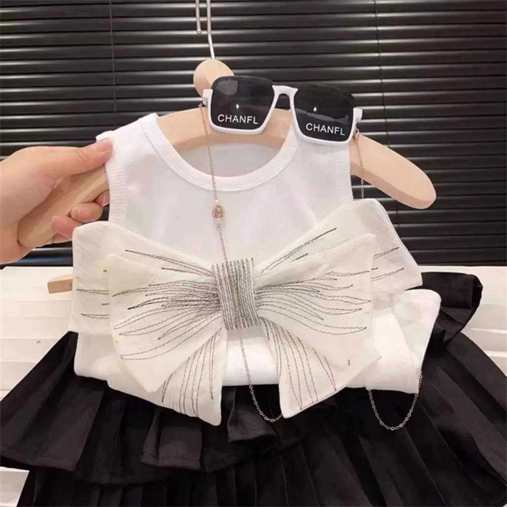 Bear Leader Solid Color Baby Girls Clothing Sets Summer Big Bow Vest Tops and Cake Skirts 2 Pieces Suits 3-7Y Mesh Kids Clothes