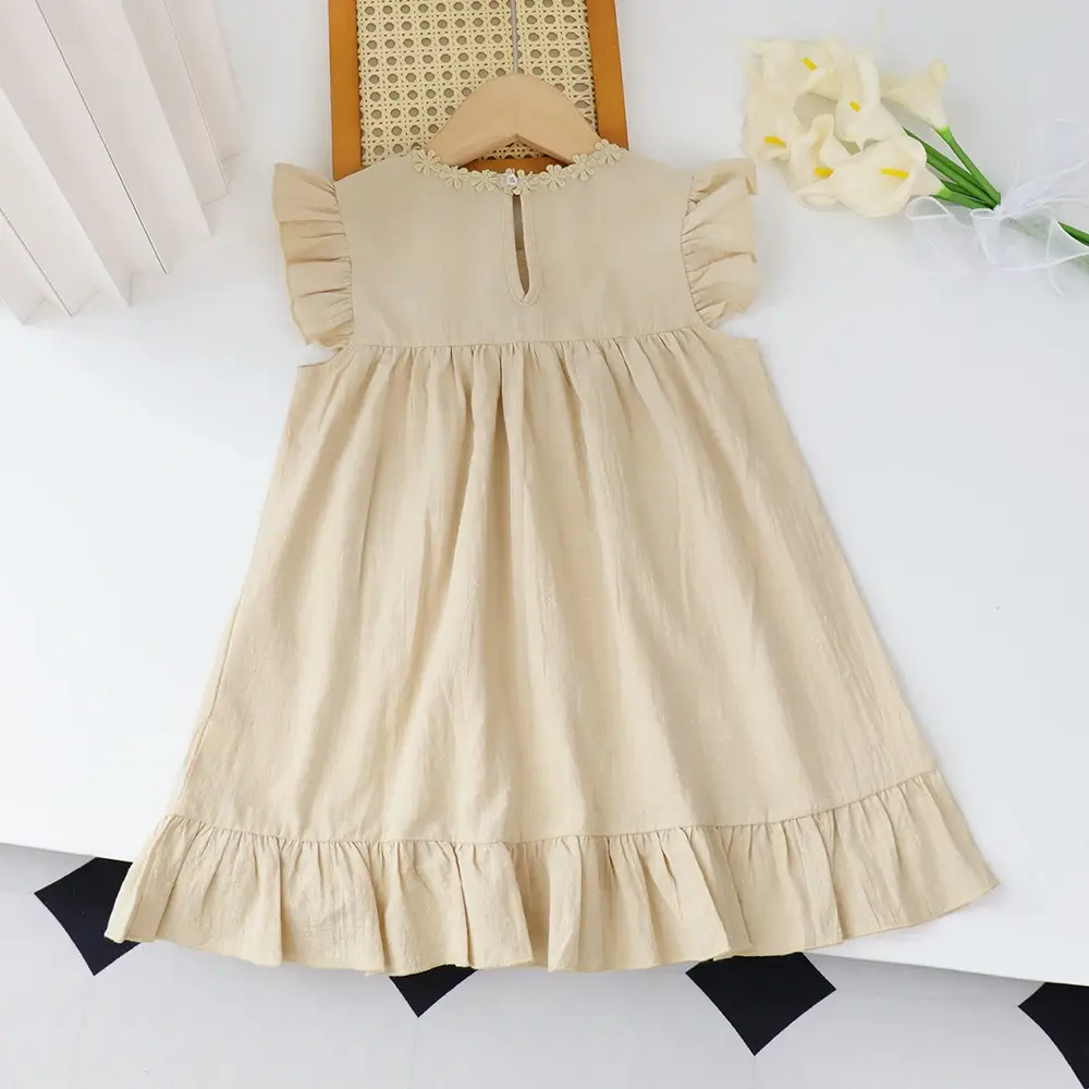 Bear Leader Girls Flower Embroidered Dress Summer Retro Flying Sleeve Dresses with Pockets Children Casual Clothes Fashion