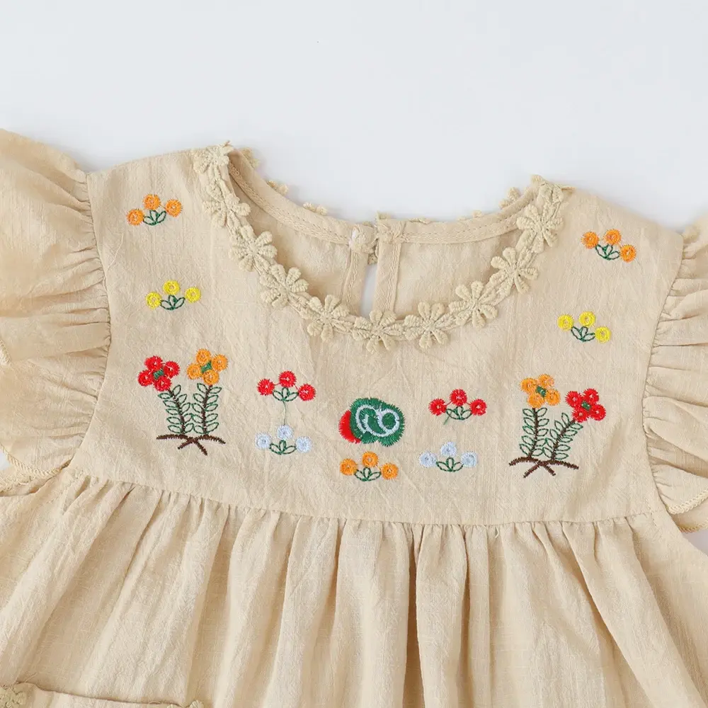 Bear Leader Girls Flower Embroidered Dress Summer Retro Flying Sleeve Dresses with Pockets Children Casual Clothes Fashion