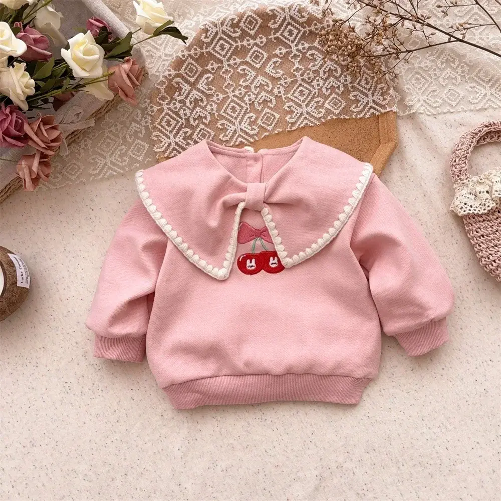 Bear Leader Autumn Children's Clothing Pink Collar Cherry Top+Beige Pants Fashion Casual 2 Pcs Set Korean Version Girls Clothes