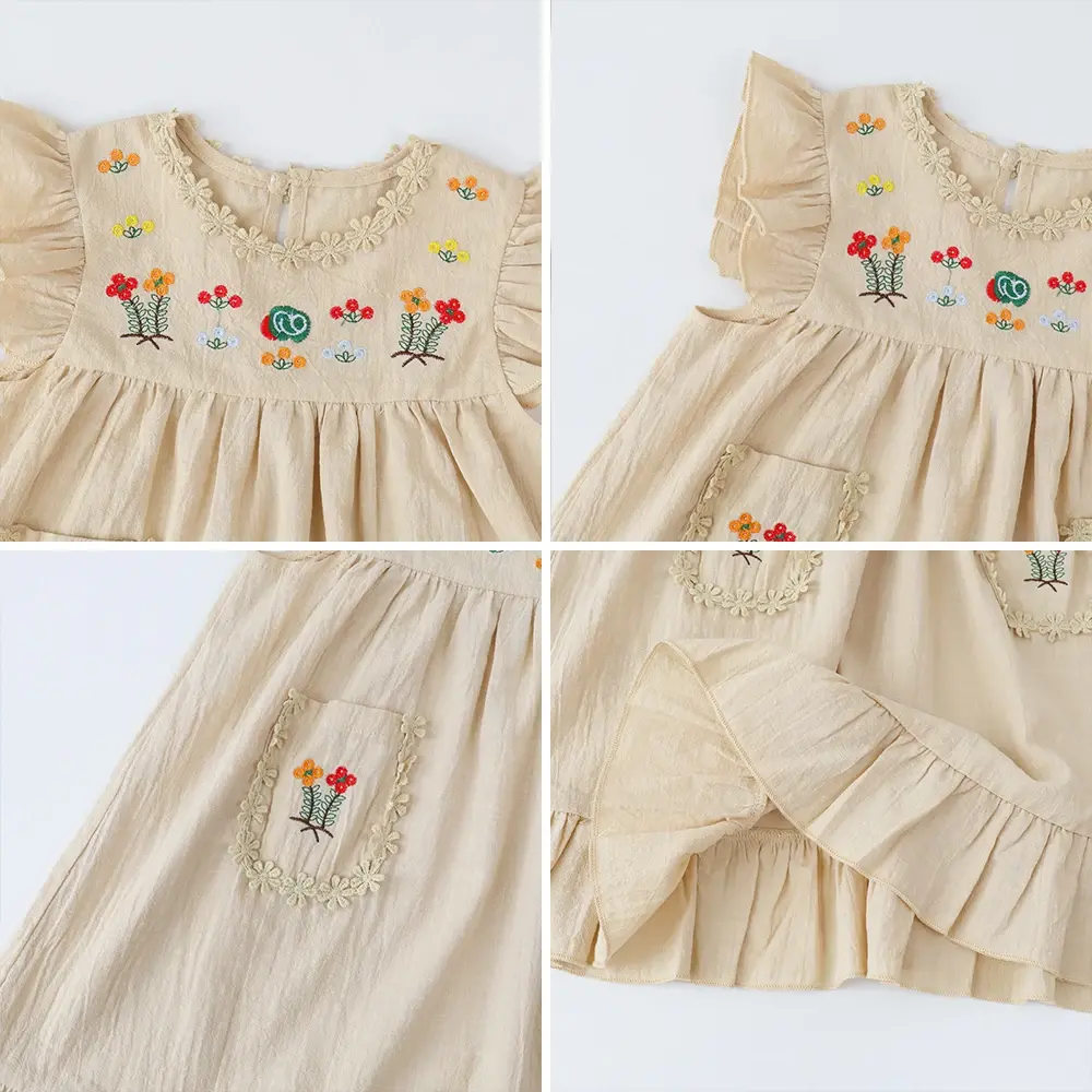 Bear Leader Girls Flower Embroidered Dress Summer Retro Flying Sleeve Dresses with Pockets Children Casual Clothes Fashion