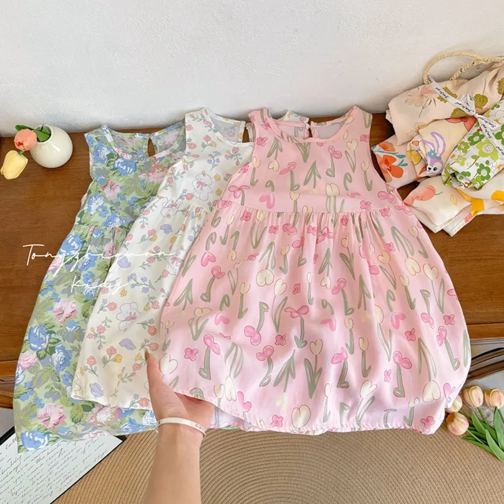 Bear Leader Korean Version Plain Color Girls Casual Dresses Flower Print Sleeveless Vest Dress Summer Daily Simple Kids Clothes