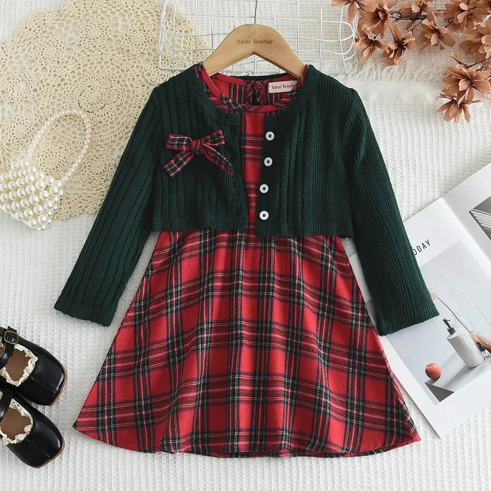Bear Leader Korean Version Kids Clothes Girls Autumn Green Bow Long Sleeved Cardigan+Red Checkered Vest Dress Two-piece Set
