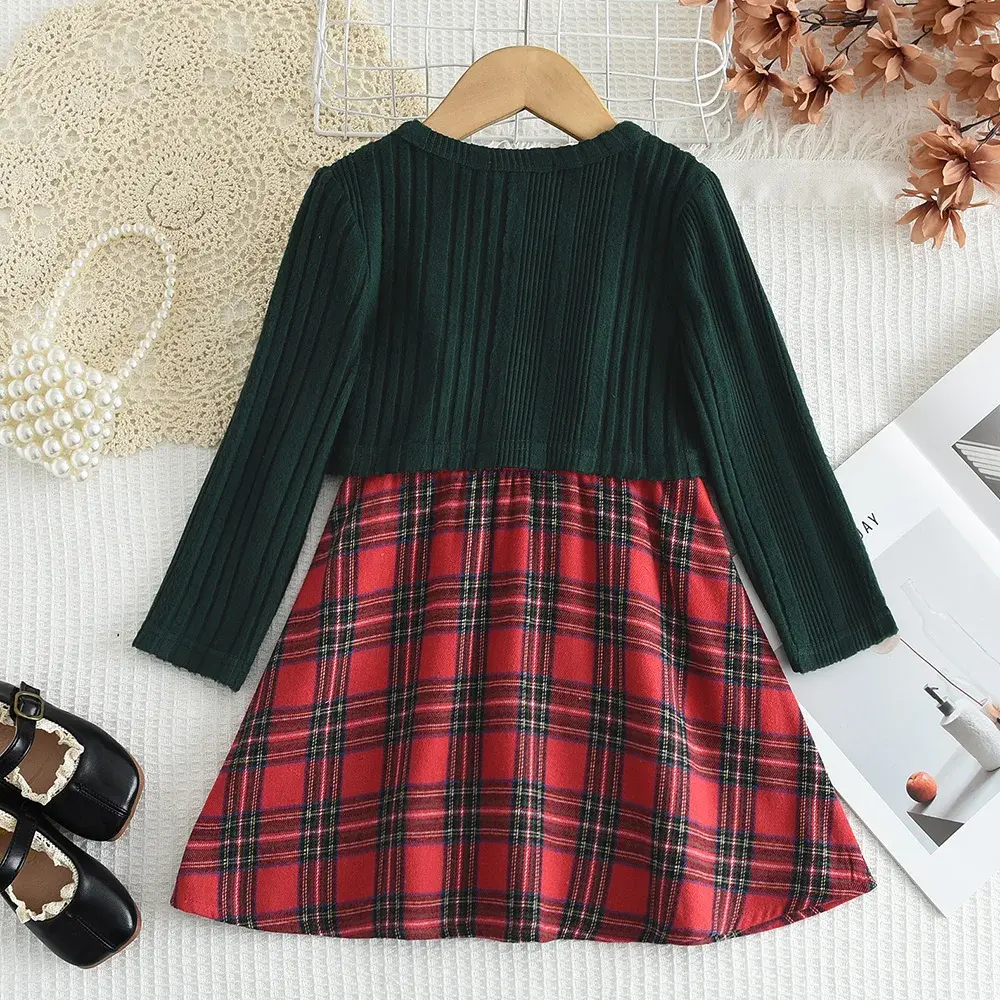 Bear Leader Korean Version Kids Clothes Girls Autumn Green Bow Long Sleeved Cardigan+Red Checkered Vest Dress Two-piece Set